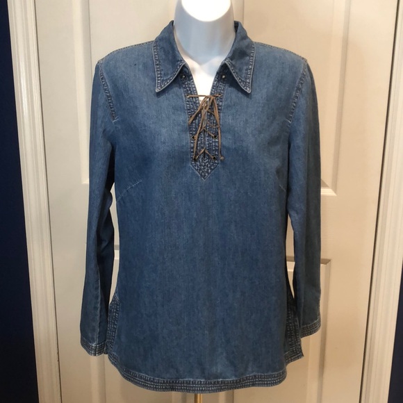 ANN TAYLOR 💯% cotton denim tunic top•front lacing•long sleeve•size 8 - Picture 17 of 17